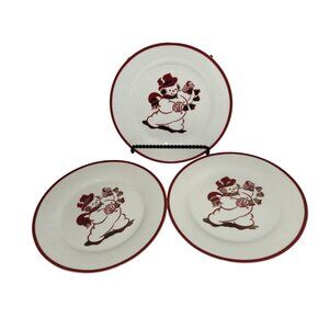 Set Of 3 Vintage Snowman Dessert Plates Red & White Christmas Design 8"